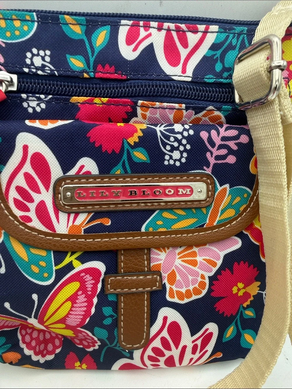 Lily Bloom Navy Floral & Butterfly mini Crossbody with Cream Strap 7.5”x7.5”